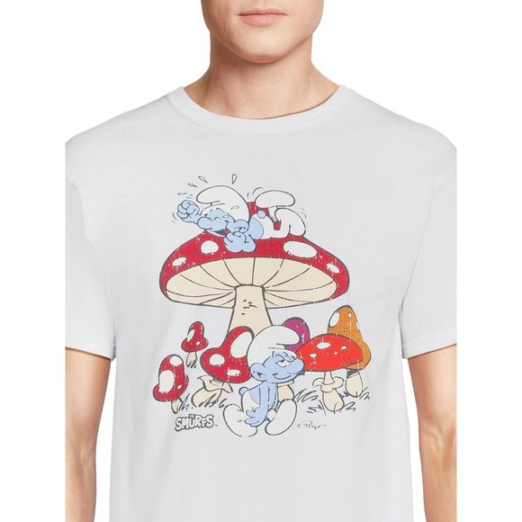 Smurfs Mushrooms Men's Graphic White T-Shirt Red Size 46-48 XL - Picture 1 of 5